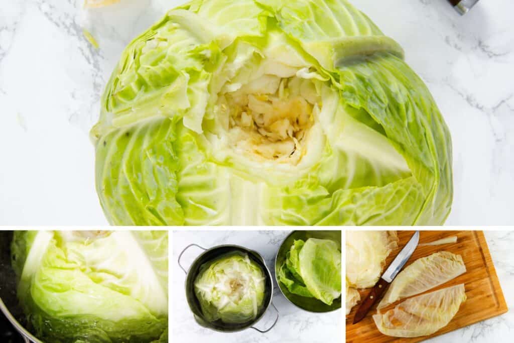 A series of images showing the steps to prepare cabbage for cooking Romanian Cabbage Rolls. The top image displays a whole cabbage with the core removed. The bottom images show cabbage boiling in water, a pot with cabbage heads, and a cutting board with a knife and wilted cabbage leaves.