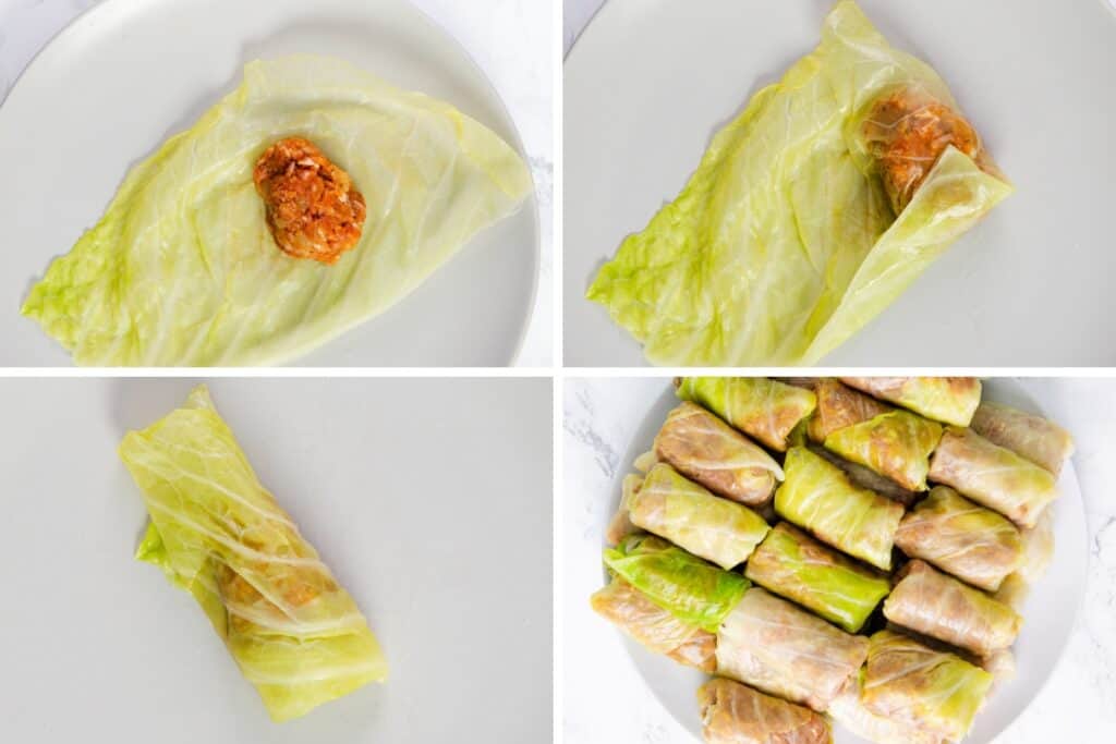 A four-panel image showing the process of making Romanian Cabbage Rolls. The first panel displays a cabbage leaf with a small portion of seasoned ground meat placed in the center. The second and third panels illustrate the leaf being folded over the filling. The fourth panel shows a plate of fully wrapped sarmale.