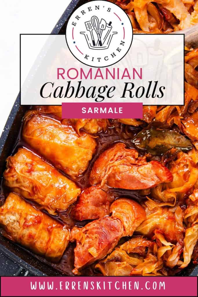 Close-up of a pot filled with sarmale, delicious Romanian cabbage rolls in a rich, red sauce. The rolls are wrapped tightly and nestled amidst saucy, cooked cabbage. A website, "Erren's Kitchen," is displayed along with the dish's name.