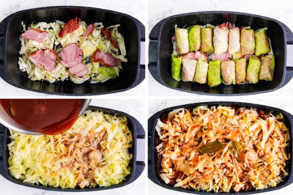 Four-step visual recipe for making Sarmale: 1) Chopped cabbage and pieces of raw meat in a baking dish. 2) Rolled cabbage leaves filled with meat placed in the dish. 3) Tomato sauce being poured over layered Romanian Cabbage Rolls. 4) Cooked cabbage rolls with sauce and bay leaf.