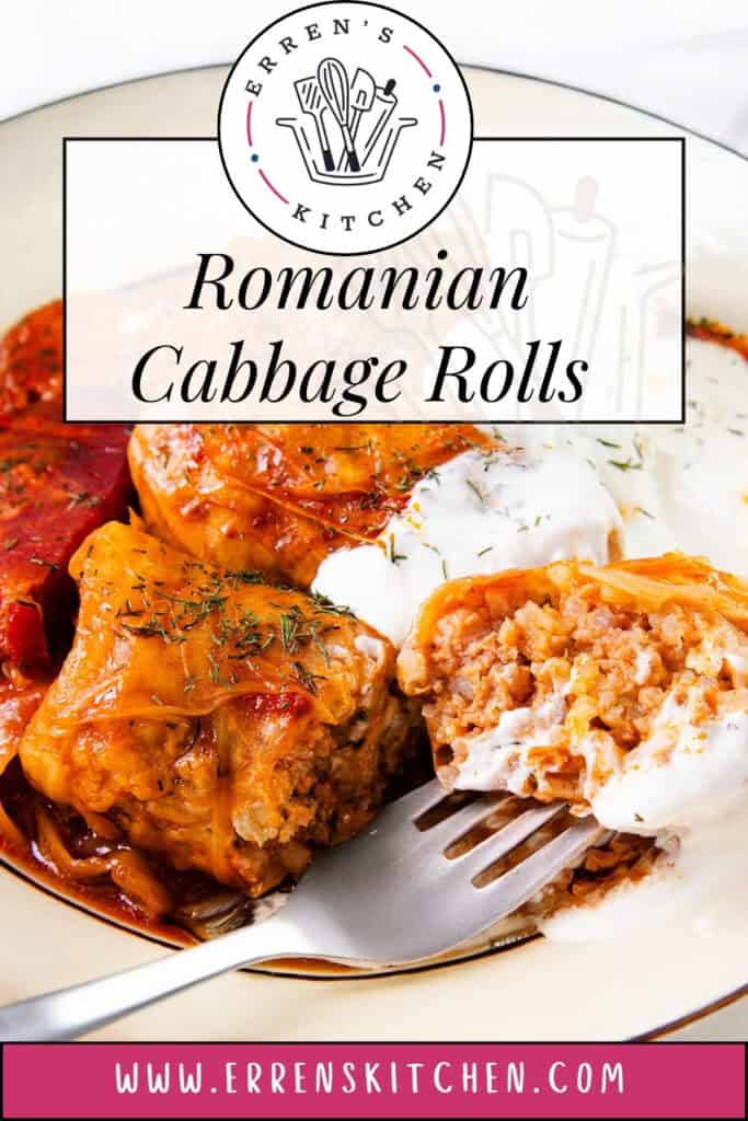 A plate of Romanian cabbage rolls, known as sarmale, filled with a meaty mixture, topped with sour cream and garnished with dill. The dish is on a white plate, and the image includes the text "Erren's Kitchen" and "Romanian Cabbage Rolls" with a URL for Erren's Kitchen at the bottom.