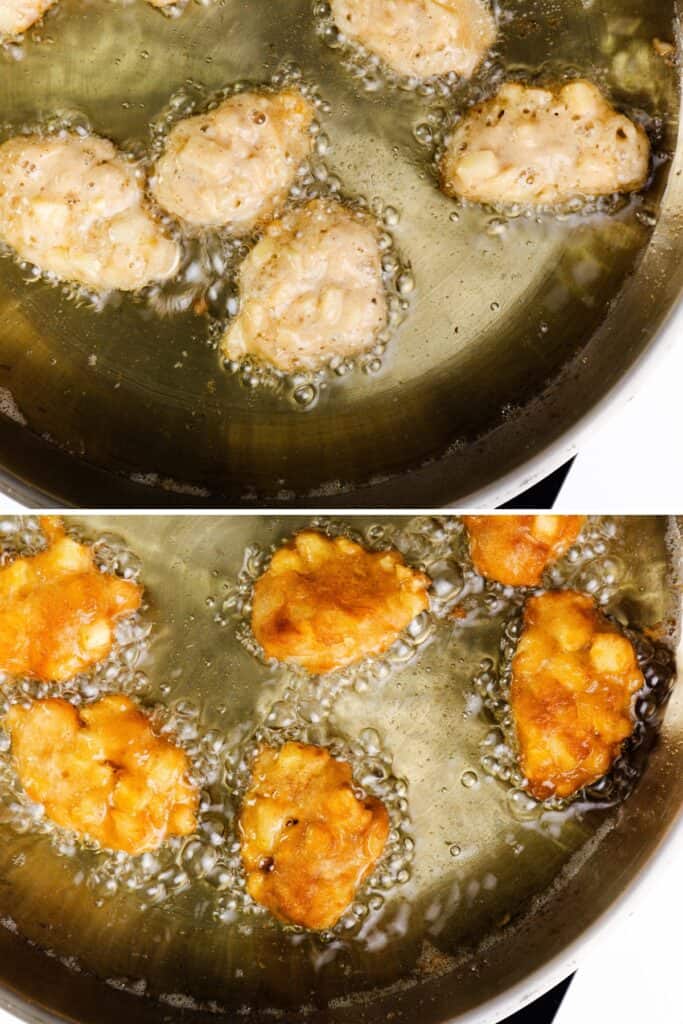 The top image displays pieces of battered apple frying in oil. The bottom image showcases these same apple fritters, now golden brown, continuing to sizzle amid bubbles.