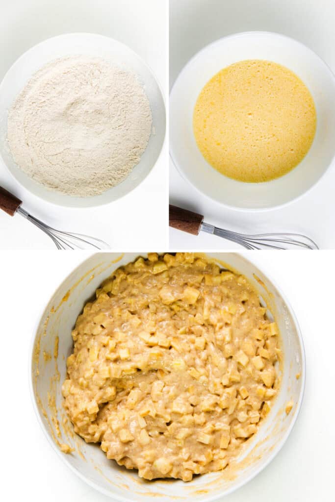 Three images depict the baking process for apple cinnamon muffins: a bowl of dry ingredients, a bowl of wet ingredients, and a bowl of mixed batter with apple pieces. Whisks are visible next to each bowl, reminiscent of crafting delicious apple fritters.