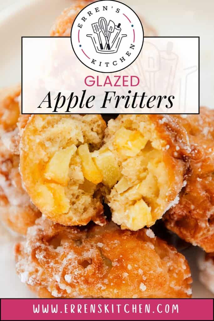 A close-up of golden brown apple fritters with a sugary glaze and visible apple chunks. The image features the "Erren's Kitchen" logo and text: "Glazed Apple Fritters." Discover more at www.errenskitchen.com.