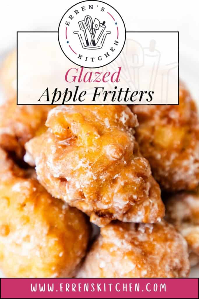 Close-up photo of golden brown apple fritters, expertly glazed and drizzled with icing. The top features Erren's Kitchen logo, complete with utensils, and the text "Glazed Apple Fritters." At the bottom is the website URL: www.errenskitchen.com.