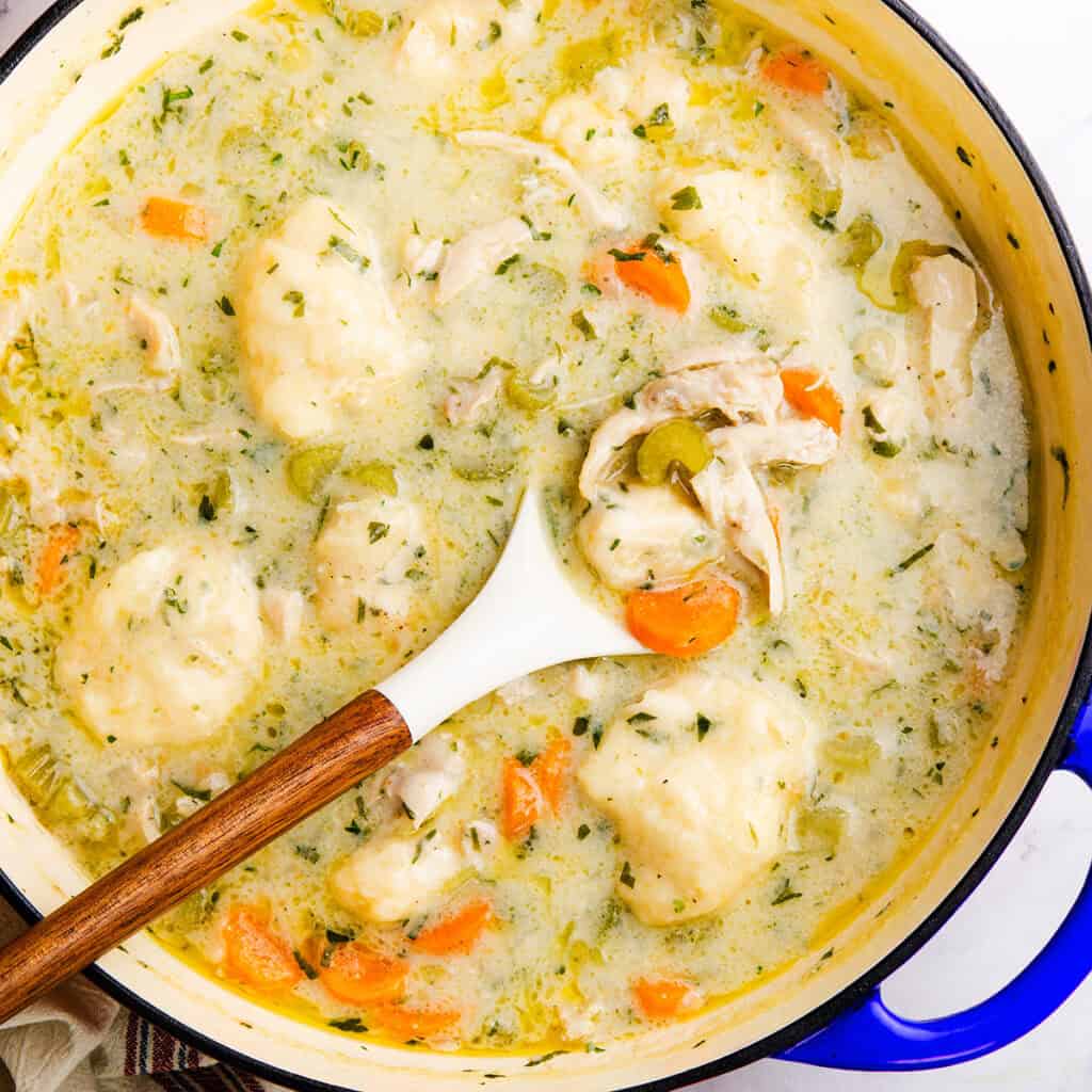 A pot of luscious chicken and dumpling soup brimming with tender pieces of chicken, carrots, and fluffy dumplings in a thick broth. A wooden-handled spoon rests within the soothing medley. The hearty dish nestles comfortably in a blue pot on a pristine white surface.