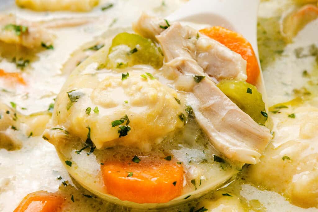 A close-up of a spoonful of hearty chicken and dumpling soup reveals tender chicken chunks, fluffy dumplings, sliced carrots, and peas in a creamy broth, all garnished with fresh herbs.