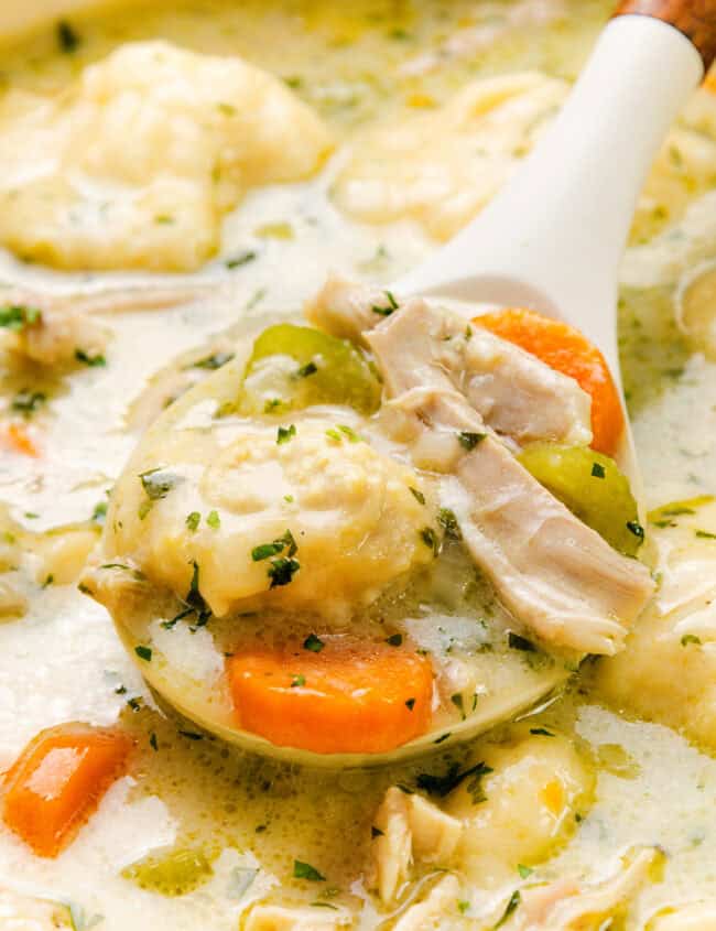 A close-up of creamy chicken and dumplings in a ladle reveals a delightful soup. The dish features tender chunks of chicken, carrots, and fluffy dumplings, garnished with herbs in a thick, savory broth. The background hints at more of the sumptuous stew waiting to be savored.