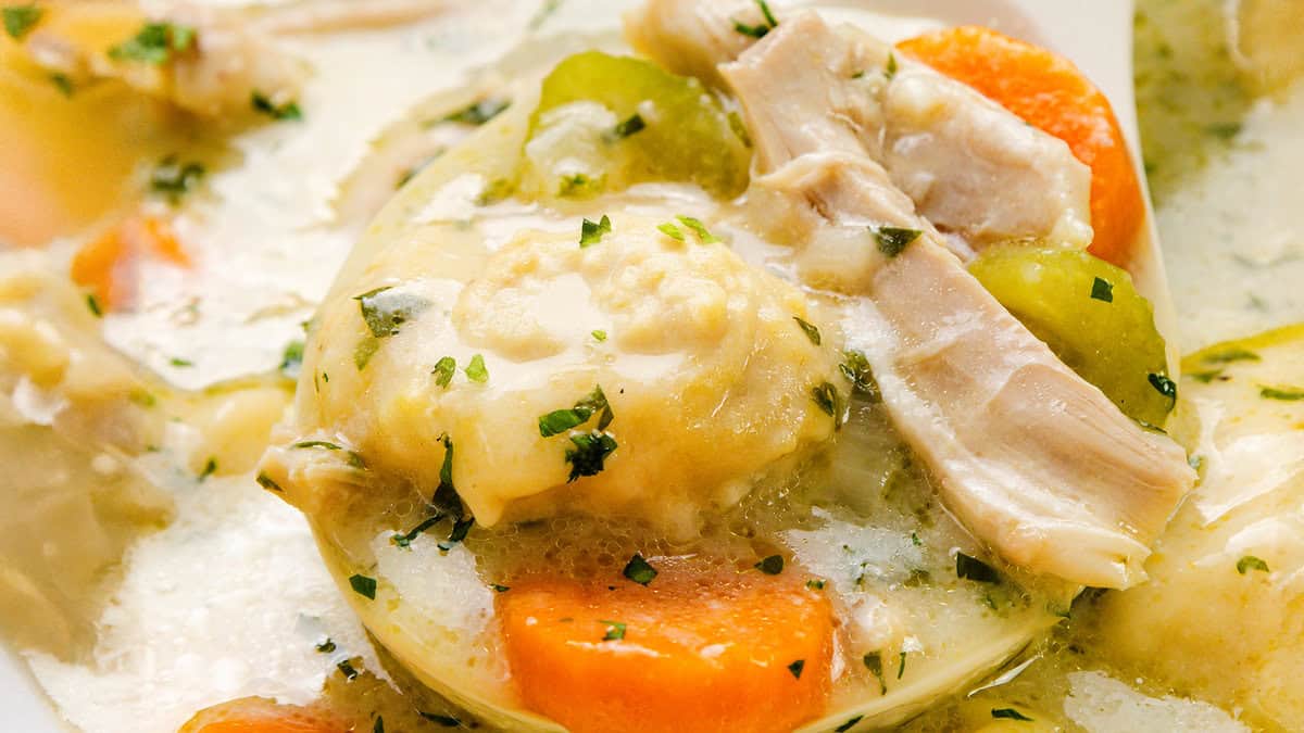 A creamy Southern recipe featuring artichoke hearts, carrots, celery, and strips of chicken. The ingredients are garnished with fresh herbs and immersed in a thick sauce.