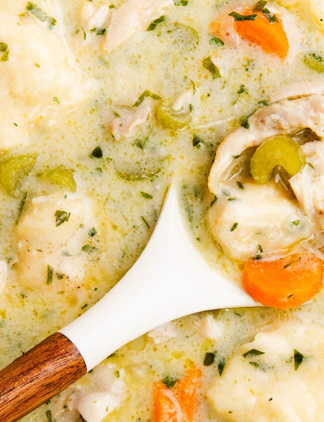 A creamy chicken and dumpling soup with chunks of chicken, carrots, celery, and herbs visible. A wooden-handled ladle scoops some of the thick soup, highlighting the tender dumplings and vibrant vegetables.