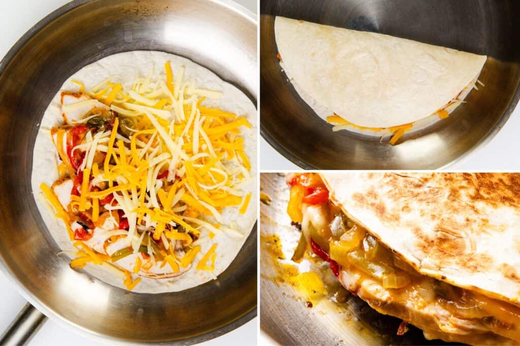 A collage illustrates delicious chicken quesadillas being prepared in a pan. The left image displays an open tortilla with cheese, vegetables, and tender chicken. The top right image shows the tortilla folded in half, while the bottom right captures the quesadilla golden and perfectly cooked.