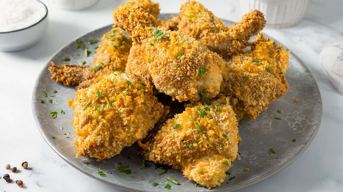 A plate filled with crispy, golden-brown southern fried chicken pieces garnished with chopped parsley. The background shows a white marble surface with plates and bowls, suggesting a dining setup.