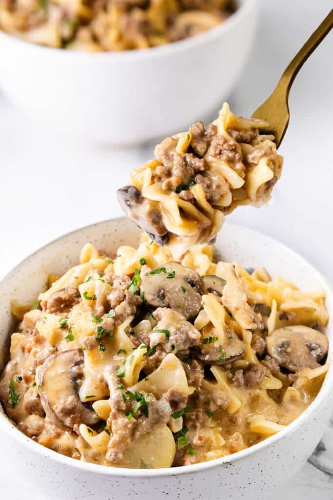 A bowl of creamy beef stroganoff pasta with mushrooms, garnished with chopped herbs. A fork lifts a portion, showcasing the pasta and sauce. Made in one pot for easy cleanup, another bowl is partially visible in the background.