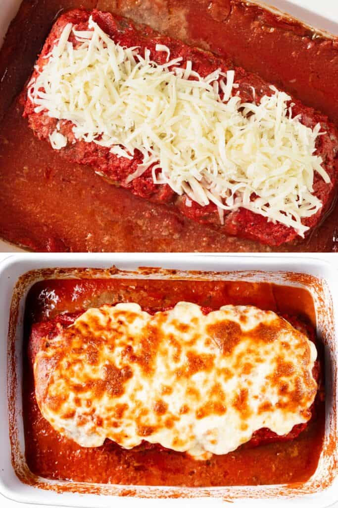 Two images of an Italian meatloaf in a baking dish. The top image features the meatloaf adorned with shredded cheese pre-baking. The bottom image reveals the masterpiece post-baking, with cheese melted to perfection and slightly browned for an irresistible finish.