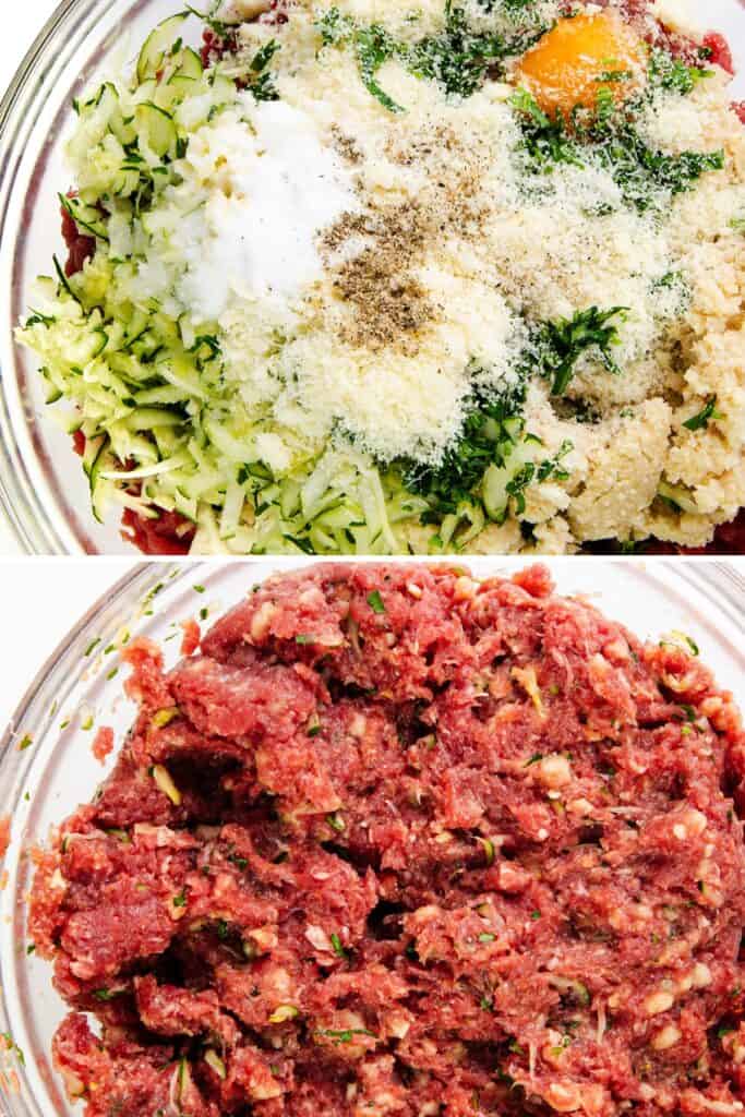 Two images showcase the process of creating an Italian cuisine delight. The top image reveals unmixed ingredients like grated zucchini, breadcrumbs, egg, Parmesan, and seasonings. Below, these components transform into a cohesive mixture, ideal for crafting a delicious Italian meatloaf.