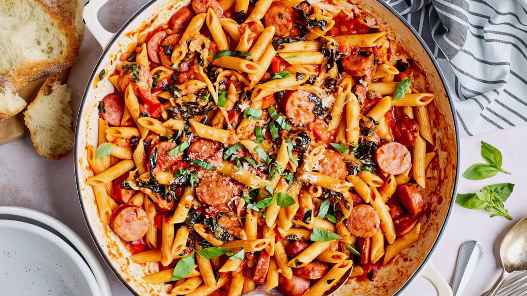 An overhead image of a pan full of sausage and pasta in tomato sauce.