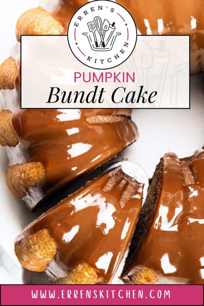 Close-up of a caramel-glazed Pumpkin Bundt Cake with several slices cut. A logo featuring kitchen utensils and the text "Pumpkin Bundt Cake" adorn the image, along with "www.errenskitchen.com" at the bottom, inviting you to savor this autumnal delight.