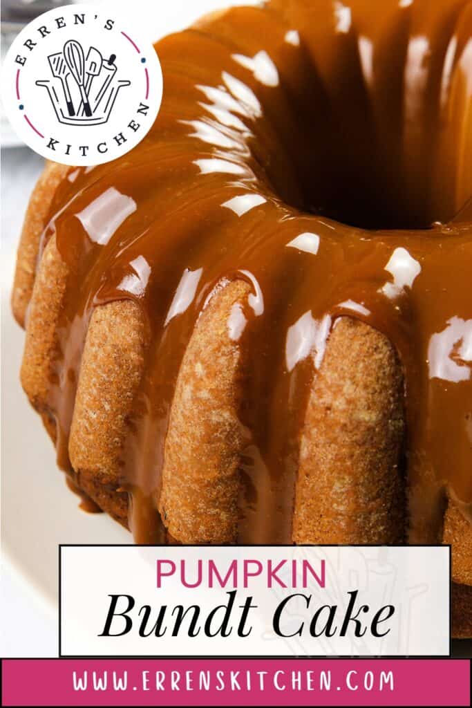 A close-up of a delectable pumpkin bundt cake crowned with a glossy caramel glaze. This tempting treat rests elegantly on a white plate. The text reads "Pumpkin Bundt Cake," featuring a website URL and a logo adorned with kitchen utensils.