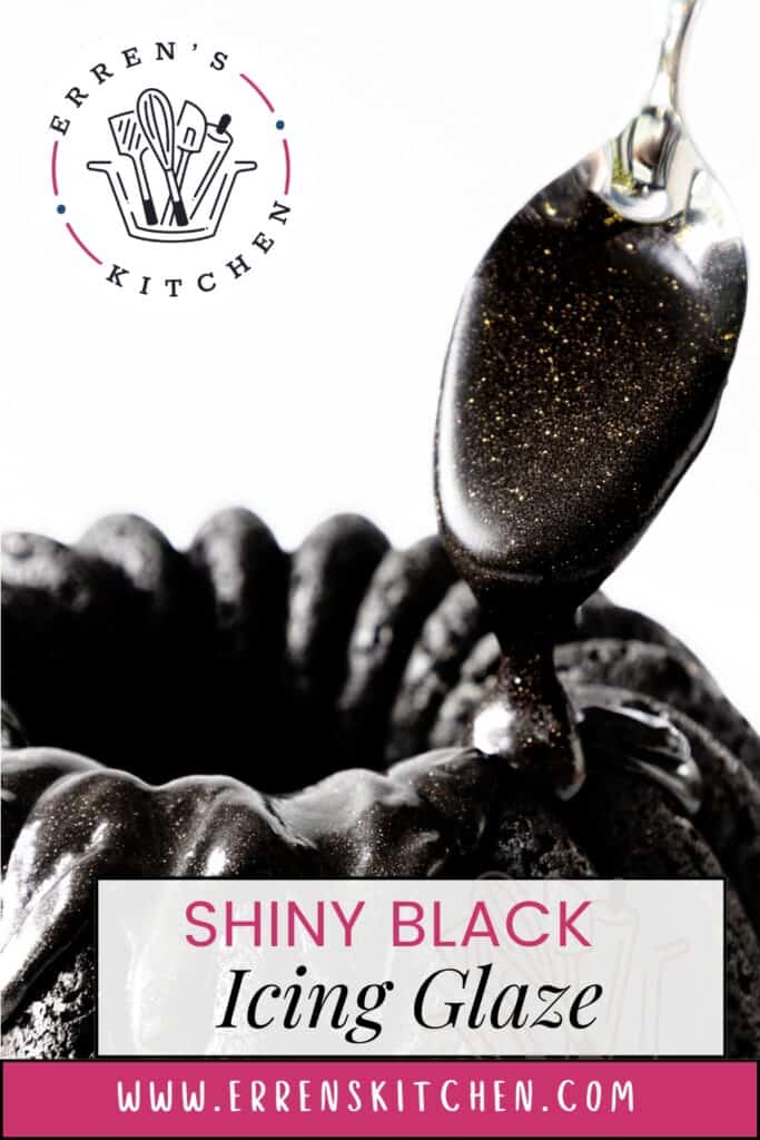 A spoon drizzles a shiny black glaze over a bundt cake, giving it a reflective, glossy texture. The image features the Erren's Kitchen logo and website address at the bottom.