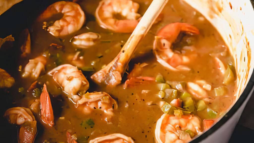 A bubbling pot of Shrimp Etouffee, sizzling with a wooden spoon at rest. The rich, brown stew is brimming with succulent shrimp and chunks of vibrant bell peppers in a thick, savory broth.