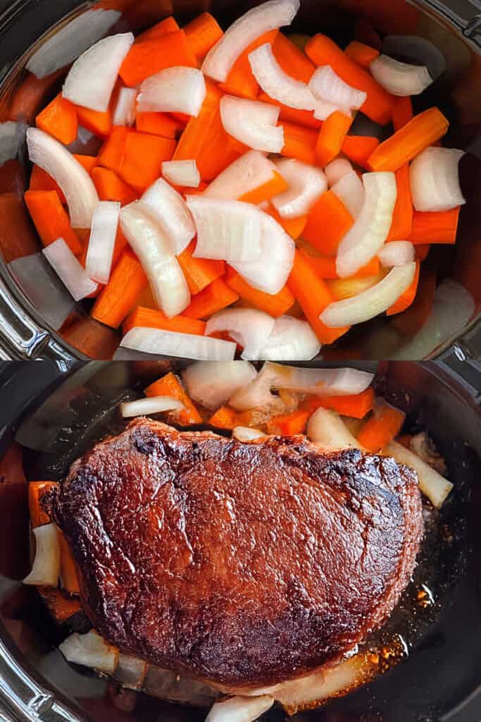 Two images show stages of cooking a sirloin tip roast in a crockpot. The top image features chopped carrots and onions in the crockpot. The bottom image displays the browned sirloin tip roast placed on top of the vegetables in the Crock Pot, ready for further cooking.