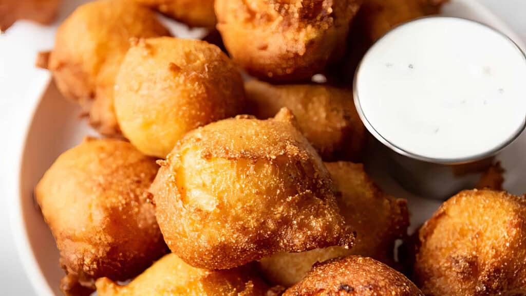 A plate of golden-brown Southern hush puppies sits invitingly next to a small metal cup of white dipping sauce. The crispy, evenly cooked hush puppies are expertly piled together on the plate, offering a taste of Southern comfort.