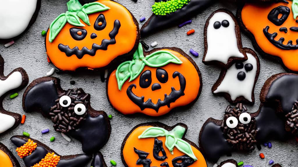 A variety of Halloween-themed treats are decorated with colorful icing. The cookies showcase spooky designs, including pumpkins with faces, bats, ghosts, and witch hats, all set against a textured gray background.