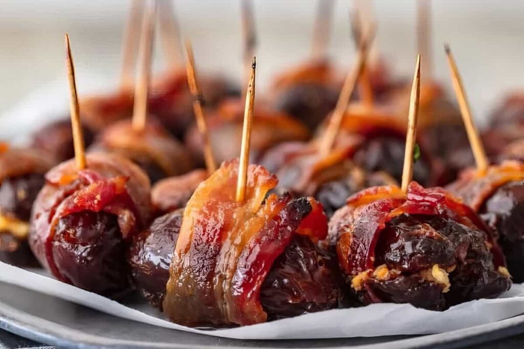 Close-up of bacon-wrapped dates on a plate. Each date is secured with a toothpick, showcasing the crispy texture of the bacon and the dark, glossy surface of the dates. The serving is arranged on parchment paper.