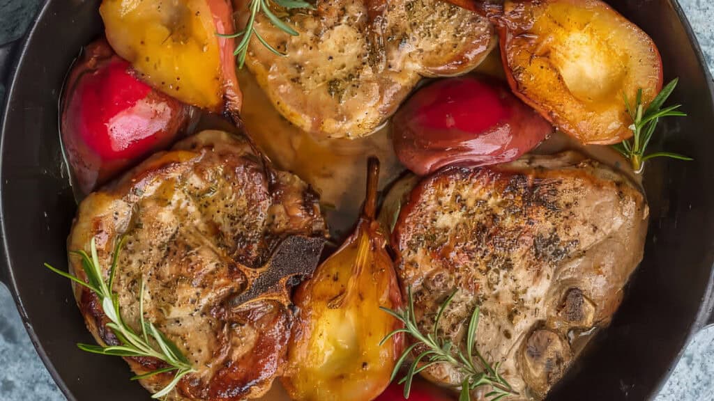 A cast iron skillet holds roasted pork chops with red and orange peppers, halved pears, and sprigs of fresh rosemary. This is one of those fall recipes that embraces cozy flavors in every bite.