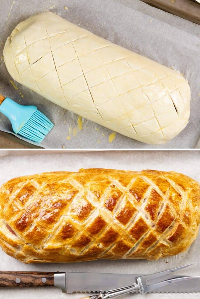 Top: Unbaked pastry dough with crosshatched scores on parchment paper, next to a brush—perfect for starting a gourmet Beef Wellington recipe. Bottom: Baked golden-brown pastry with diamond patterns, complemented by a knife and fork.