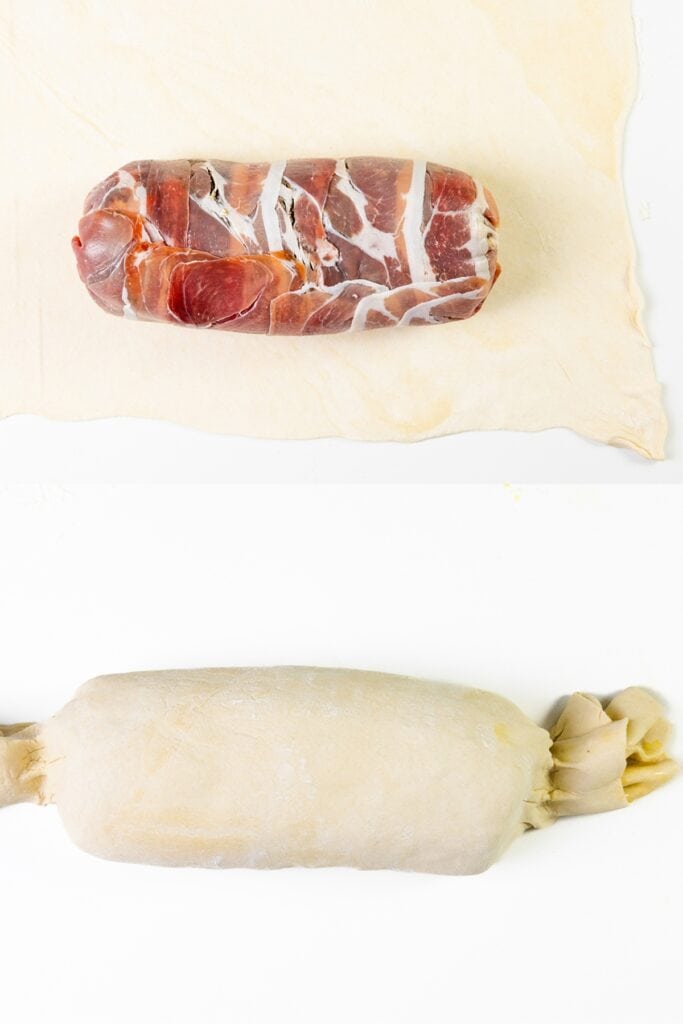 A prosciutto-wrapped Beef Wellington is placed on a sheet of dough at the top. Below, it is fully encased in dough, with twisted ends resembling a wrapped candy.