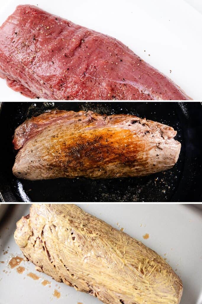 A three-panel image illustrating the stages of preparing Beef Wellington. Top: raw beef coated with seasoning on a white surface. Middle: beef roasting in a pan to a golden brown. Bottom: fully cooked beef wrapped in pastry, boasting a perfect golden-brown crust on a tray.