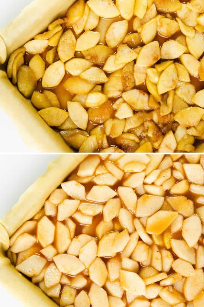 Top and bottom views of a rectangular apple pie being prepared, featuring a pastry crust filled with apple slices coated in a glossy cinnamon-sugar mixture. The pie is ready to bake, with neatly arranged fruit in both images.