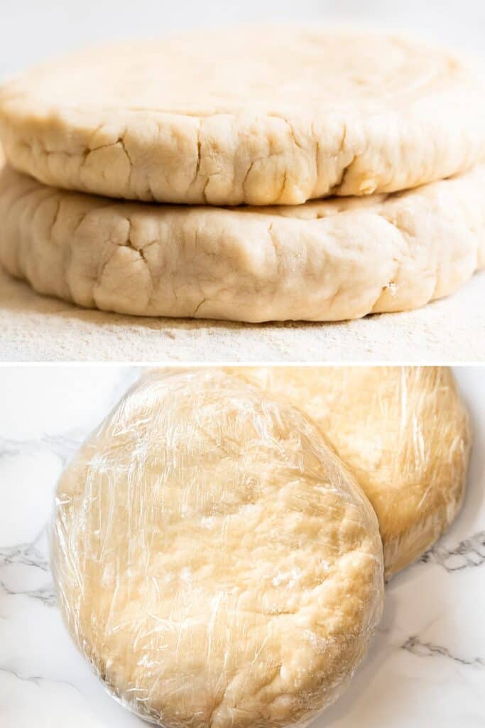 Two images of pie dough. The top image features two thick discs of dough stacked on a lightly floured surface, ready for a delicious apple or pear pie. The bottom image shows two discs wrapped in plastic wrap, resting on a cool marble countertop.