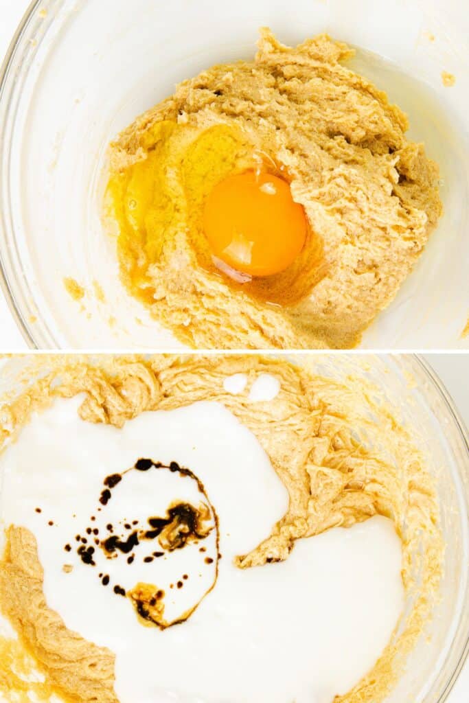 Top image: A mixing bowl with gingerbread cookie dough and a raw egg added. Bottom image: The same bowl, now with milk and vanilla extract mixed into the dough, ready for baking.