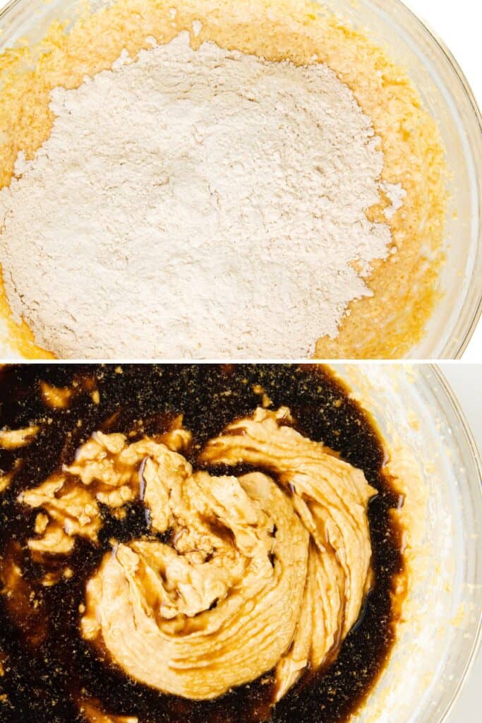 A glass bowl with cookie dough at two stages: the top half shows flour added to a creamy mixture, while the bottom half displays the dough mixed with a brown liquid, resulting in a thick, smooth batter perfect for gingerbread delights.