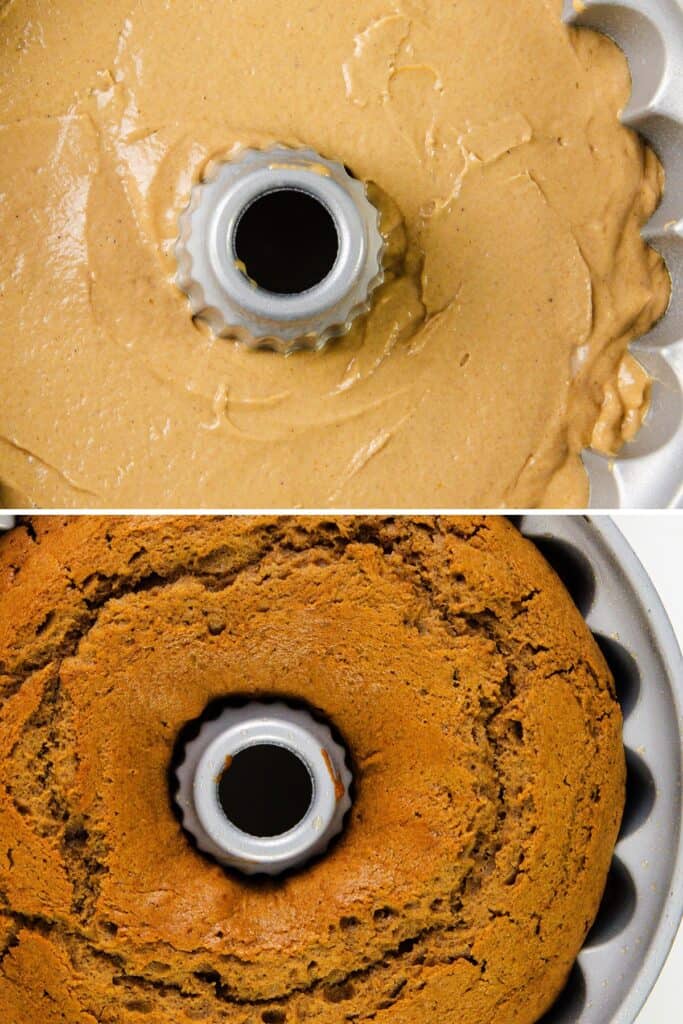 Two stages of a Bundt cake: the top half showcases raw gingerbread batter in a fluted pan, while the bottom half reveals the baked cake with a luscious golden-brown crust in the same pan.