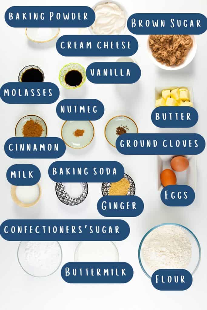 Labeled ingredients for a gingerbread Bundt cake are displayed on a white surface. Items include baking powder, brown sugar, cream cheese, vanilla, molasses, nutmeg, butter, cinnamon, cloves, milk, baking soda, ginger, eggs, sugar buttermilk and flour.