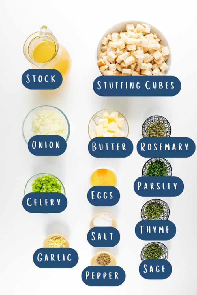 Flat lay of herb stuffing ingredients labeled: stock, stuffing cubes, onion, butter, rosemary, celery, eggs, parsley, garlic, salt, pepper, thyme, sage. Perfect for make-ahead preparation. Ingredients are arranged neatly on a white background.