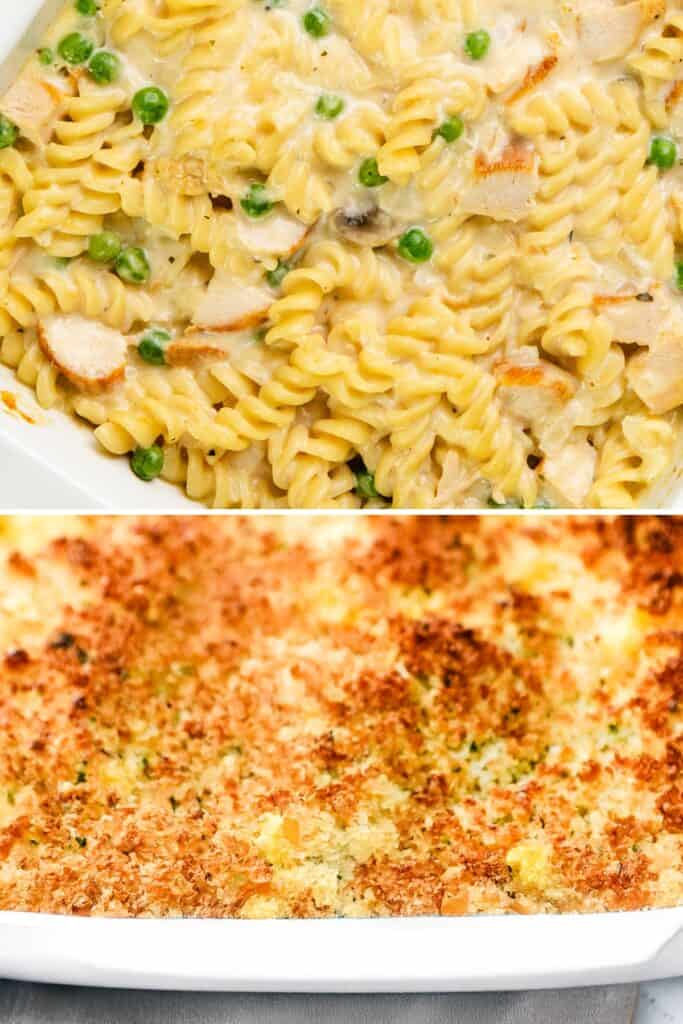 A delicious baked casserole dish featuring a creamy pasta, leftover turkey, and peas mixture, crowned with a golden-brown crumb topping.