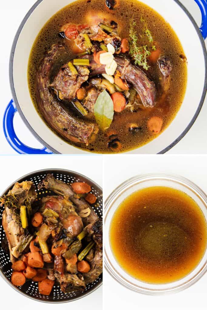 Top: Pot of turkey, vegetables, and herbs simmering in broth. Bottom left: Strainer with cooked meat and vegetables. Bottom right: Bowl of strained gravy perfect for a make-ahead meal.