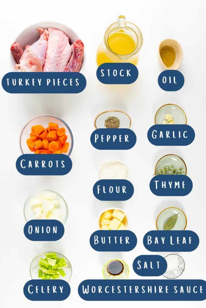 A flat lay of ingredients for a make-ahead recipe. Includes turkey pieces, stock, oil, carrots, pepper, garlic, flour, thyme, onion, butter, bay leaf, celery, salt, and Worcestershire sauce—perfect for preparing a rich gravy—all labeled with blue text.