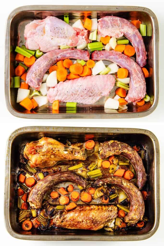 Top image: Make-ahead raw turkey necks and wings with chopped carrots, celery, and onions in a roasting pan. Bottom image: Roasted turkey necks and wings browned to perfection with vegetables, creating a rich base for delicious turkey gravy.