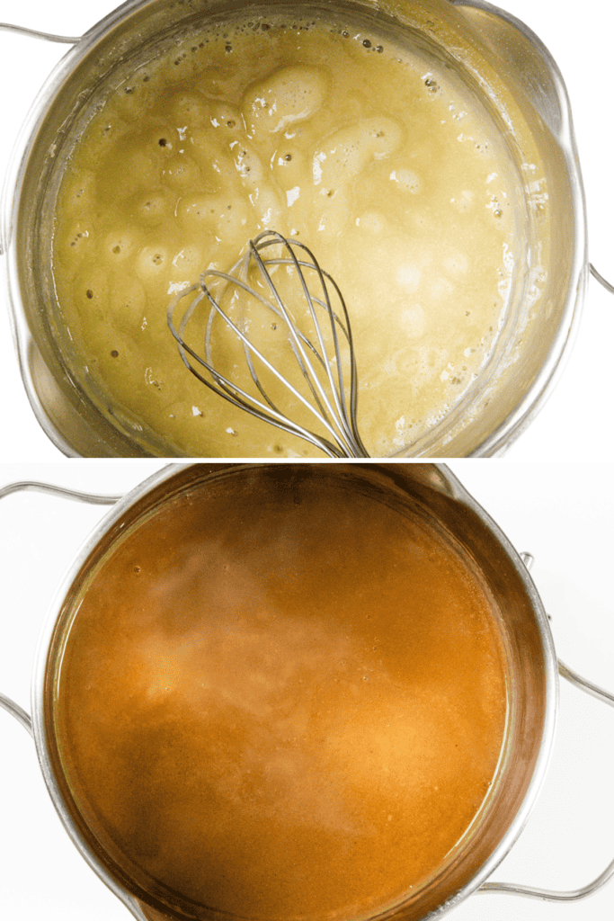 Two images of a cooking process: the top shows a whisk in a pot of thick, bubbling beige sauce; the bottom displays a pot of smooth, simmering brown turkey gravy without a visible whisk. This make-ahead gravy recipe simplifies your mealtime preparations.