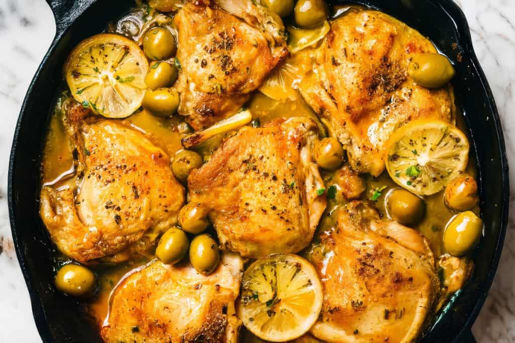 A skillet filled with golden-brown chicken thighs, green olives, and lemon slices in a savory sauce makes for one of the most popular recipes. The dish is a delight, garnished with herbs and cooked to a crispy texture.