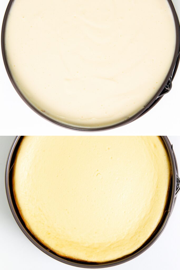 Top image: Unbaked New York cheesecake batter in a springform pan. Bottom image: Baked cheesecake with a light golden top in the same pan.