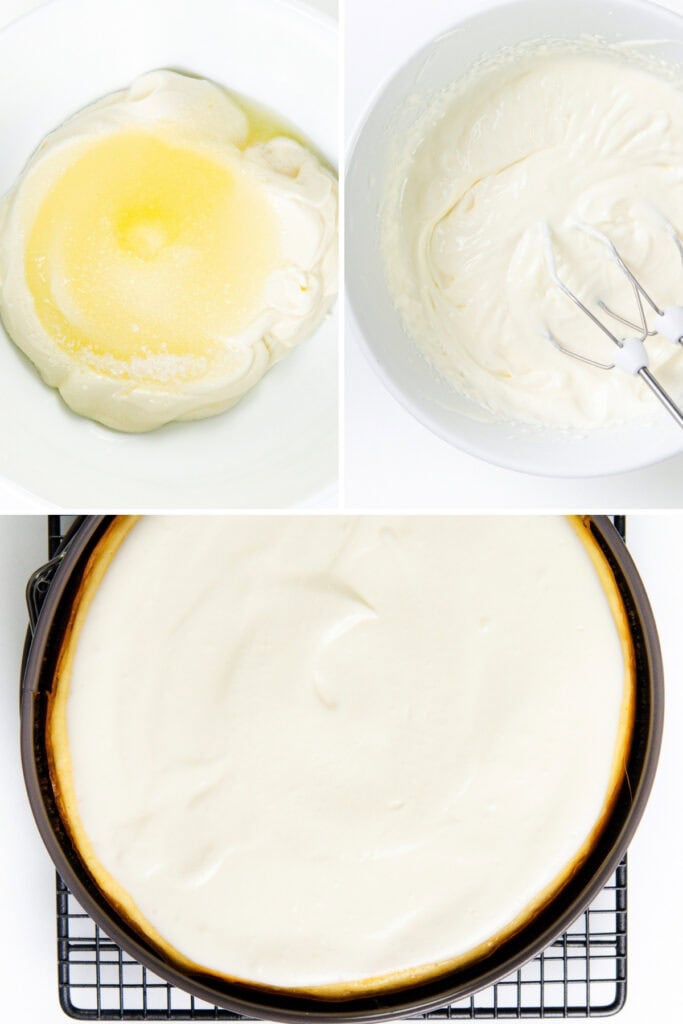 Three-step New York cheesecake preparation process: Top-left shows cream and sugar in a bowl, top-right has the mixture whipped until smooth, and the bottom displays the creamy batter spread evenly in a round pan, ready for baking.