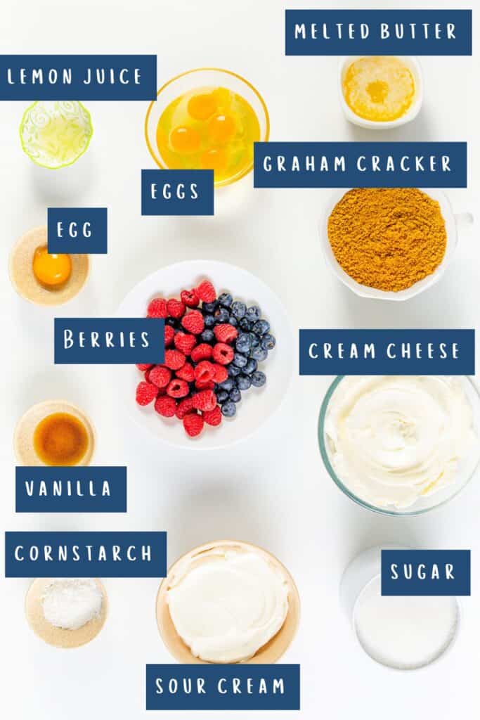 An overhead view of New York cheesecake ingredients labeled with text, featuring lemon juice, eggs, melted butter, graham cracker, cream cheese, berries, sour cream, sugar, cornstarch, egg, and vanilla.