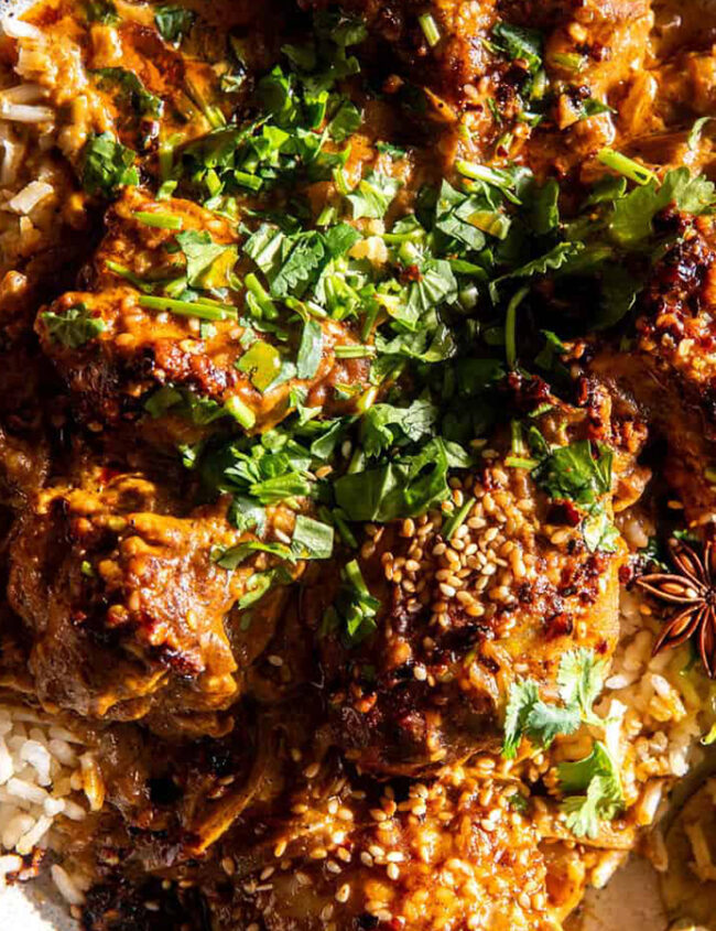 A plate of rice topped with spiced curry, garnished with fresh cilantro and sesame seeds. The dish is surrounded by star anise, enhancing its visual appeal with a warm and inviting aura.