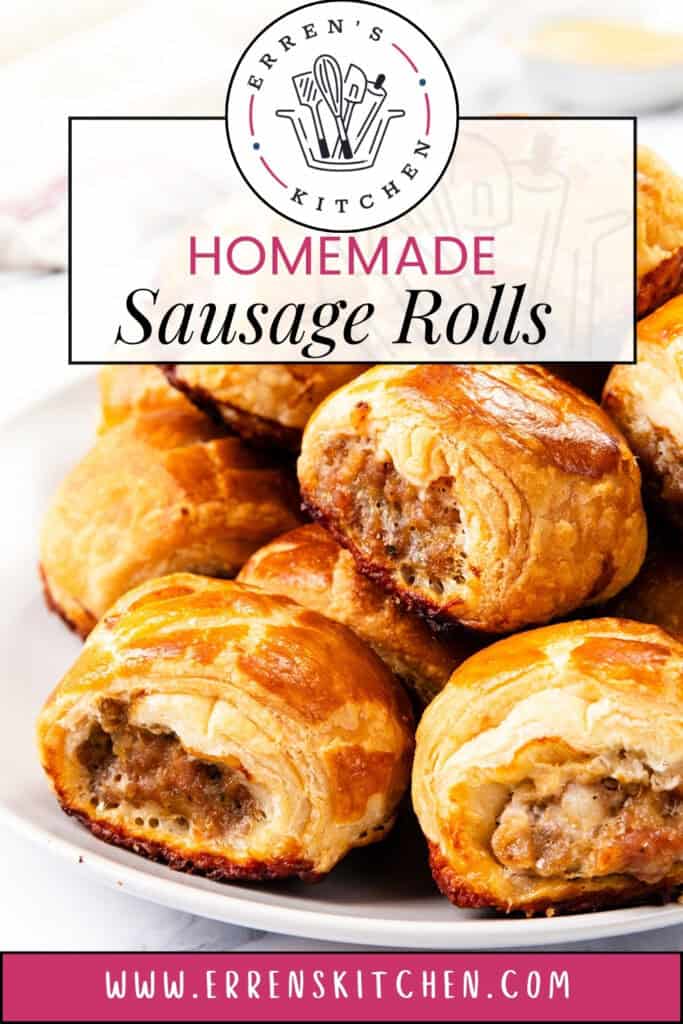 A plate of golden-brown homemade sausage rolls with flaky pastry. Above the plate, there's text reading "Homemade Sausage Rolls" and a logo for Erren's Kitchen. The bottom of the image displays the website URL: www.errenskitchen.com.